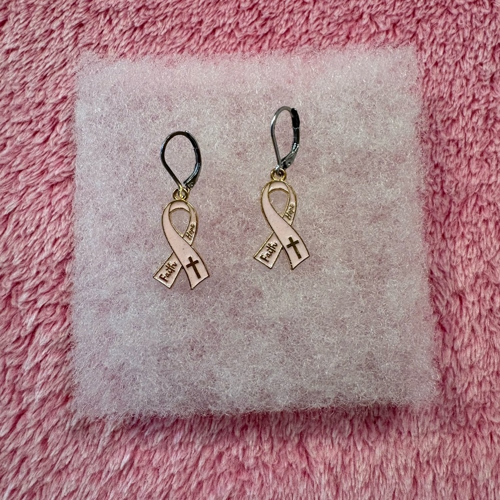 Breast Cancer Awareness Pink Ribbon Cross Earrings